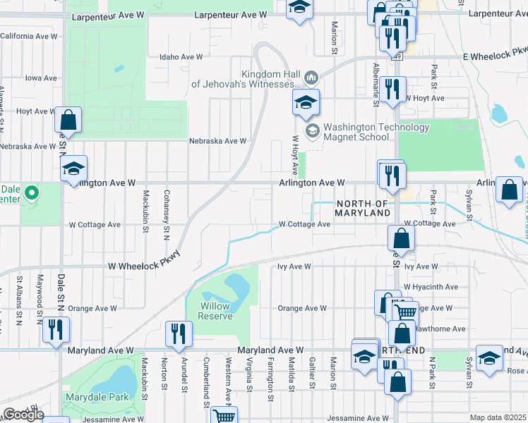 map of restaurants, bars, coffee shops, grocery stores, and more near 1395 Farrington Street in Saint Paul