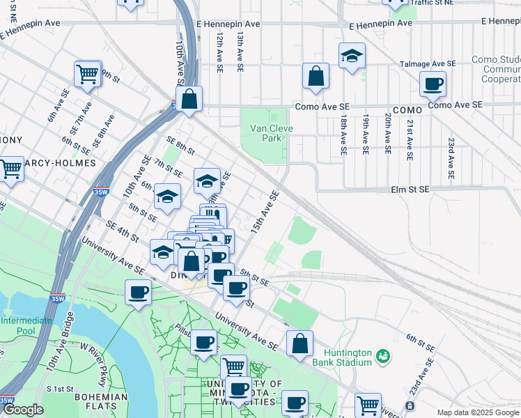 map of restaurants, bars, coffee shops, grocery stores, and more near 701 15th Avenue Southeast in Minneapolis