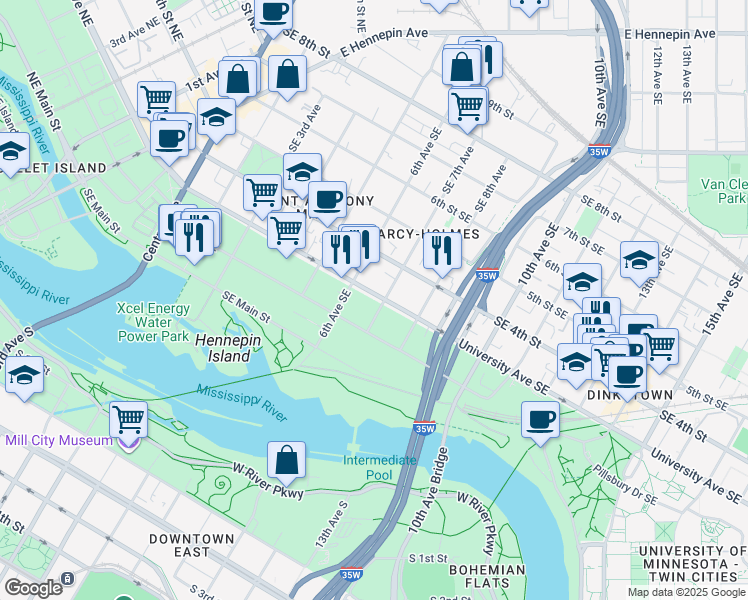 map of restaurants, bars, coffee shops, grocery stores, and more near 628 University Avenue Southeast in Minneapolis