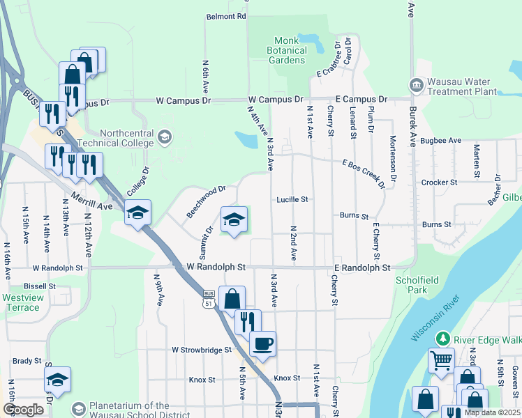 map of restaurants, bars, coffee shops, grocery stores, and more near 1524 North 3rd Avenue in Wausau