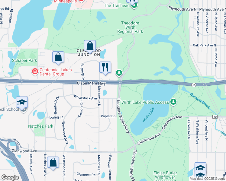 map of restaurants, bars, coffee shops, grocery stores, and more near 501 Theodore Wirth Parkway in Minneapolis
