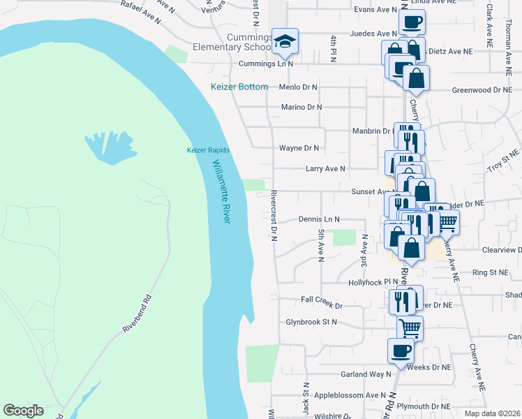 map of restaurants, bars, coffee shops, grocery stores, and more near 3925 Rivercrest Drive North in Keizer
