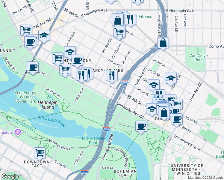 map of restaurants, bars, coffee shops, grocery stores, and more near 325 Southeast 8th Avenue in Minneapolis