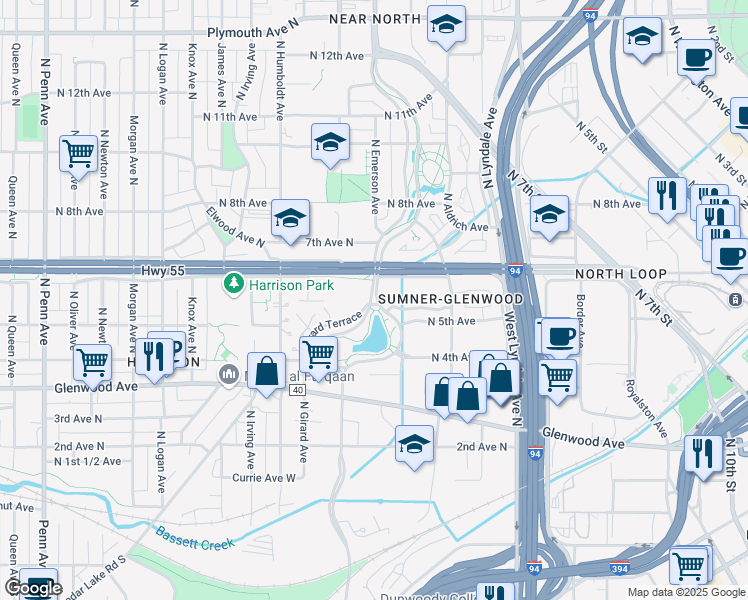 map of restaurants, bars, coffee shops, grocery stores, and more near 500 Van White Memorial Boulevard in Minneapolis