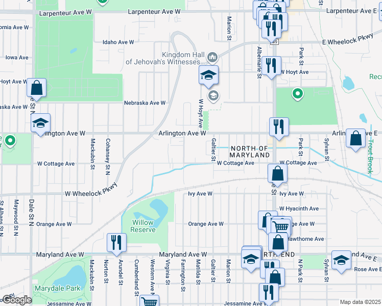 map of restaurants, bars, coffee shops, grocery stores, and more near 307 West Cottage Avenue in Saint Paul