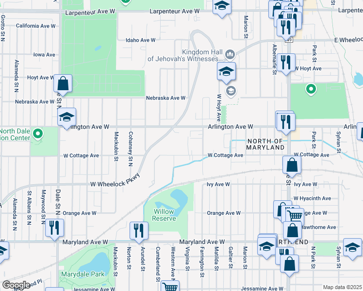 map of restaurants, bars, coffee shops, grocery stores, and more near 1397 Virginia Street in Saint Paul