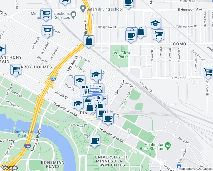 map of restaurants, bars, coffee shops, grocery stores, and more near 1318 Southeast 7th Street in Minneapolis