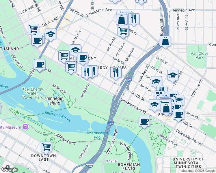 map of restaurants, bars, coffee shops, grocery stores, and more near 325 Southeast 8th Avenue in Minneapolis