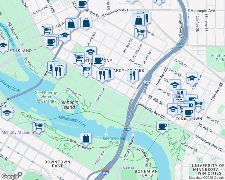 map of restaurants, bars, coffee shops, grocery stores, and more near 701 University Avenue Southeast in Minneapolis