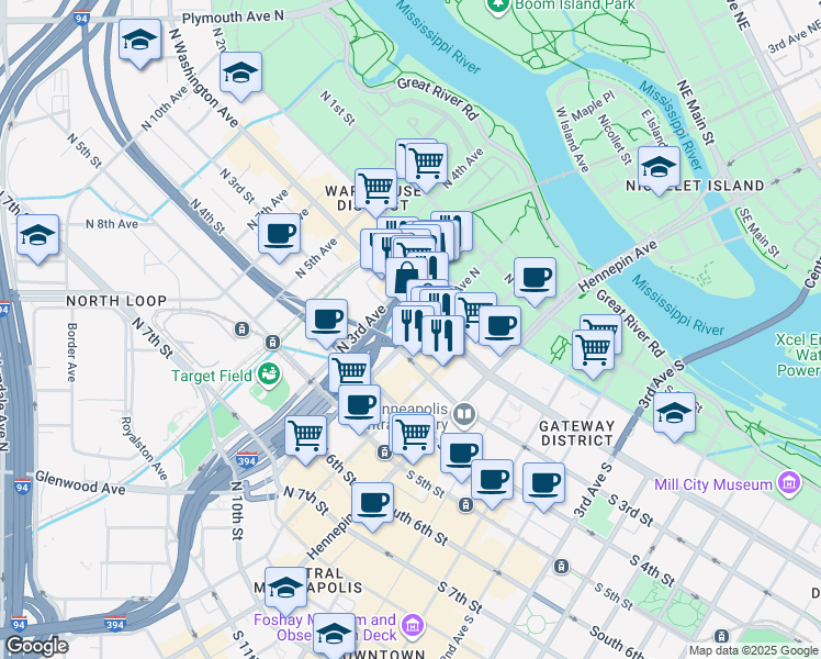 map of restaurants, bars, coffee shops, grocery stores, and more near 208 North Washington Avenue in Minneapolis