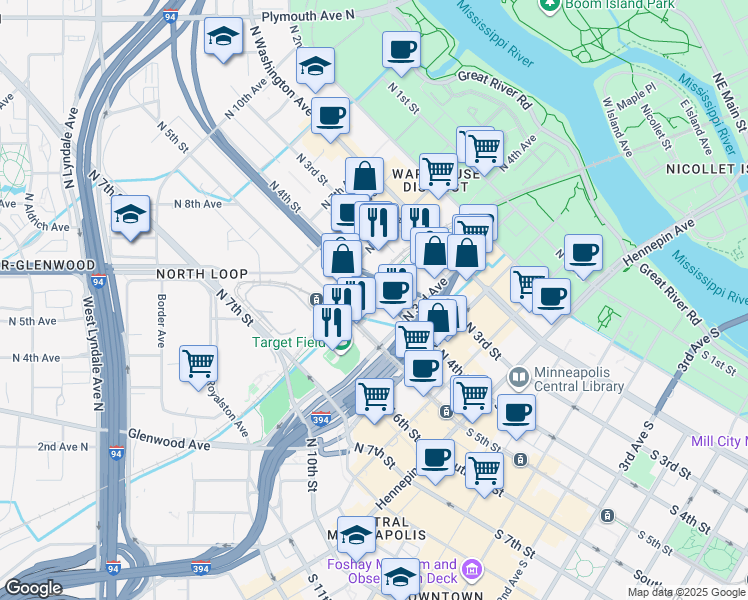 map of restaurants, bars, coffee shops, grocery stores, and more near 328 North 4th Street in Minneapolis