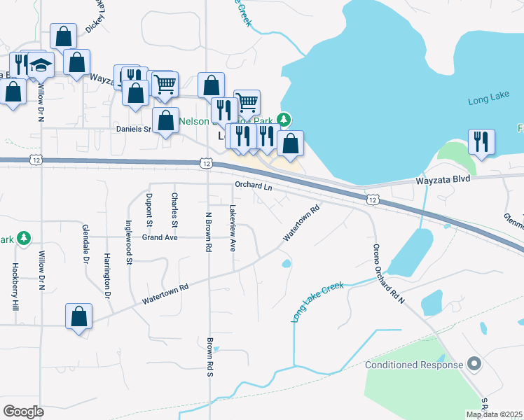 map of restaurants, bars, coffee shops, grocery stores, and more near 423 Dexter Drive in Long Lake