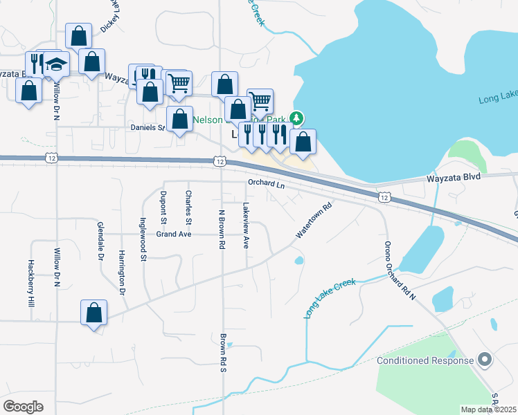 map of restaurants, bars, coffee shops, grocery stores, and more near 398 Dexter Drive in Long Lake