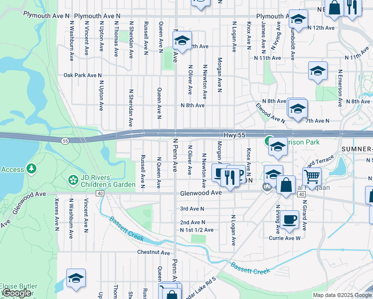 map of restaurants, bars, coffee shops, grocery stores, and more near 521 North Oliver Avenue in Minneapolis