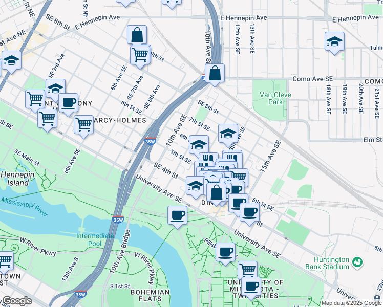 map of restaurants, bars, coffee shops, grocery stores, and more near 510 11th Avenue Southeast in Minneapolis