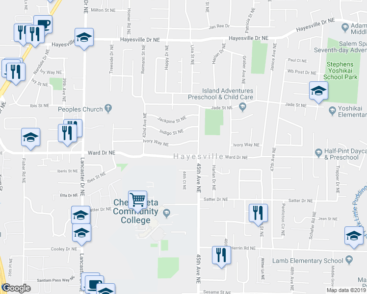 map of restaurants, bars, coffee shops, grocery stores, and more near 4410 Ivory Way Northeast in Salem