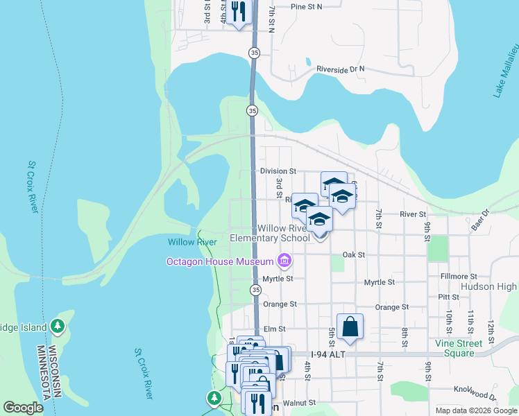 map of restaurants, bars, coffee shops, grocery stores, and more near 1222 2nd Street in Hudson