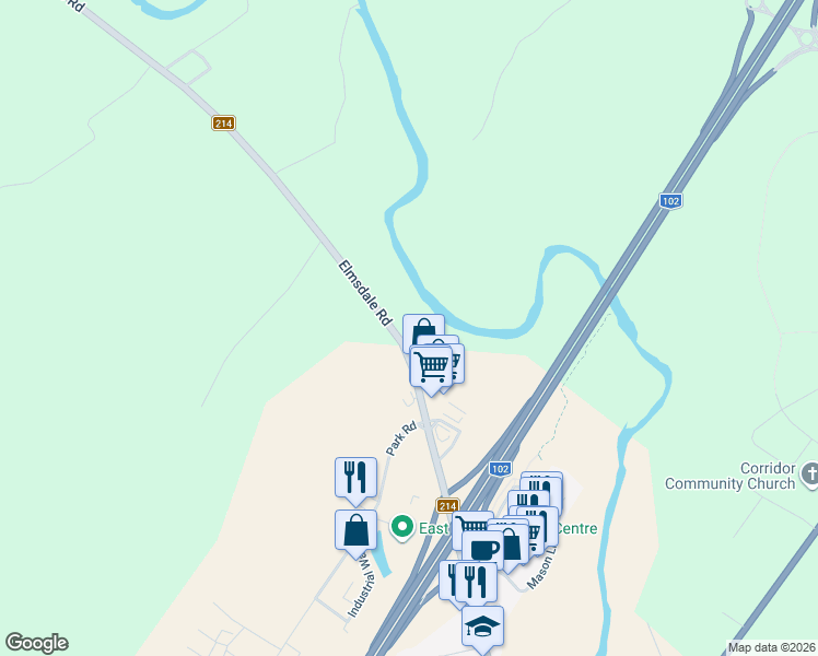 map of restaurants, bars, coffee shops, grocery stores, and more near Highway 214 in Elmsdale