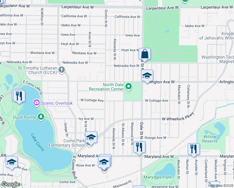 map of restaurants, bars, coffee shops, grocery stores, and more near 1403 Saint Albans Street North in Saint Paul