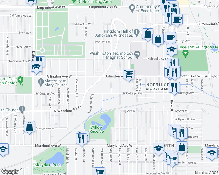 map of restaurants, bars, coffee shops, grocery stores, and more near 1397 Virginia Street in Saint Paul