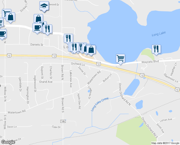 map of restaurants, bars, coffee shops, grocery stores, and more near 1794 May Street in Long Lake