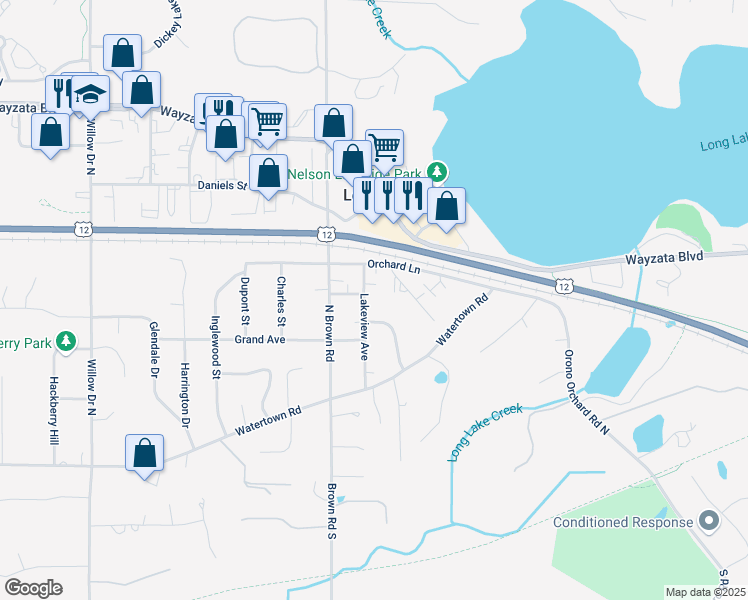 map of restaurants, bars, coffee shops, grocery stores, and more near 298 Lakeview Avenue in Long Lake