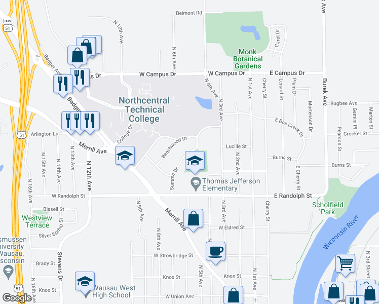 map of restaurants, bars, coffee shops, grocery stores, and more near 1537 Summit Drive in Wausau