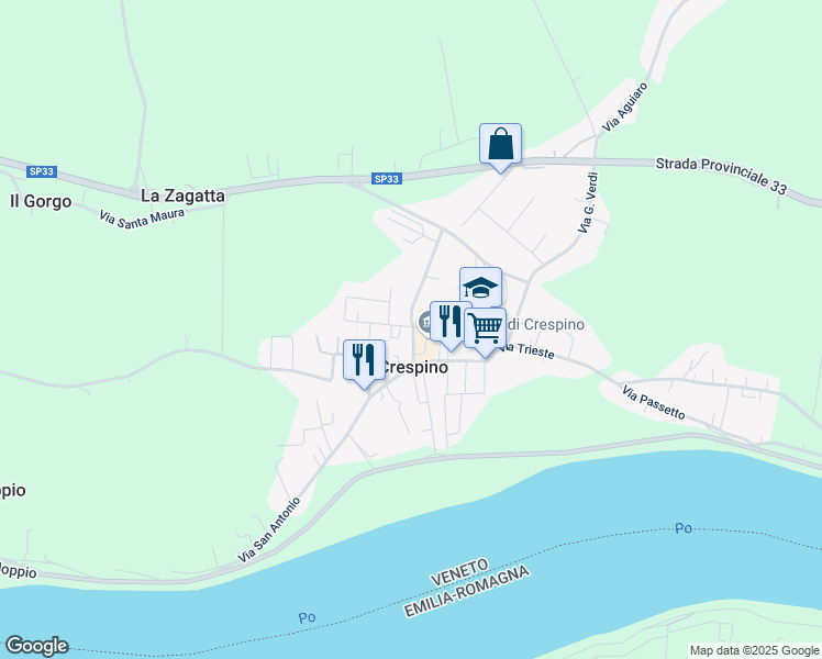 map of restaurants, bars, coffee shops, grocery stores, and more near 26 Piazza Fetonte in Crespino
