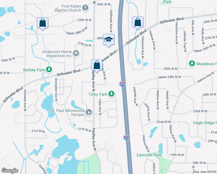 map of restaurants, bars, coffee shops, grocery stores, and more near 7059 24th Street North in Oakdale