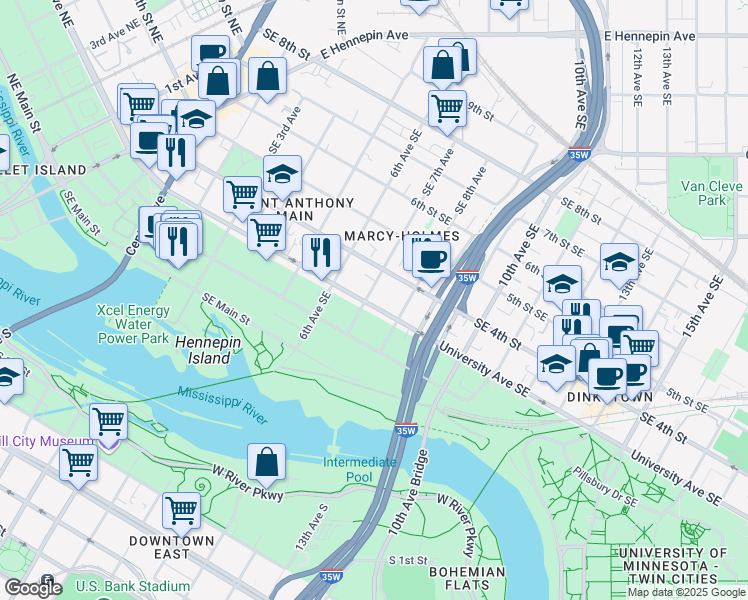 map of restaurants, bars, coffee shops, grocery stores, and more near 701 Southeast University Avenue in Minneapolis