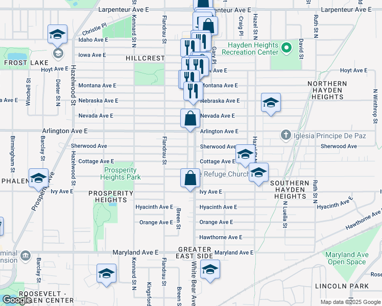 map of restaurants, bars, coffee shops, grocery stores, and more near 1395 White Bear Avenue in Saint Paul