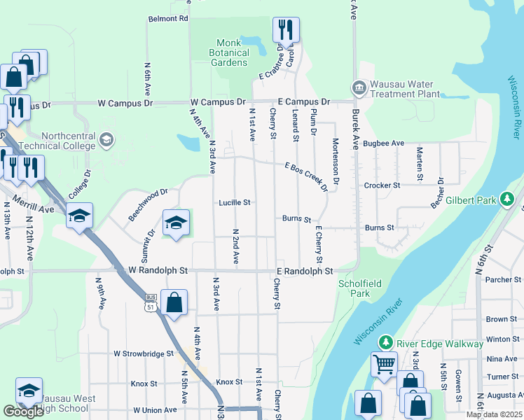 map of restaurants, bars, coffee shops, grocery stores, and more near 1527 N 1st Ave in Wausau