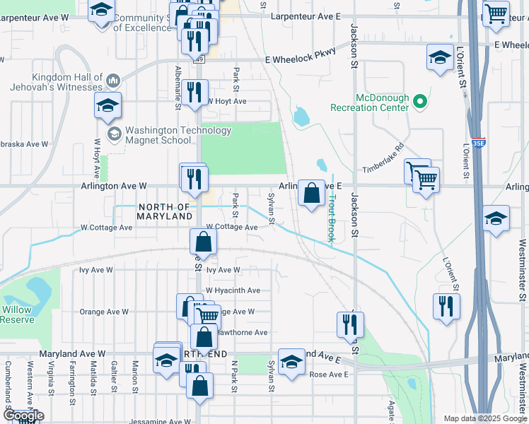 map of restaurants, bars, coffee shops, grocery stores, and more near 1399 North Sylvan Street in Saint Paul