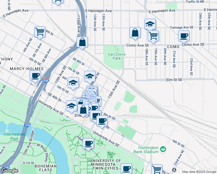 map of restaurants, bars, coffee shops, grocery stores, and more near 704 14th Ave SE in Minneapolis