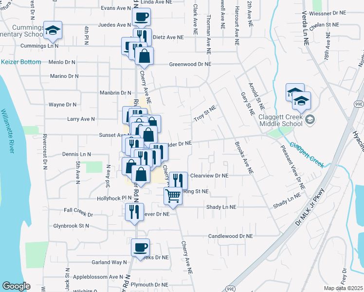 map of restaurants, bars, coffee shops, grocery stores, and more near 1116 Alder Drive Northeast in Keizer