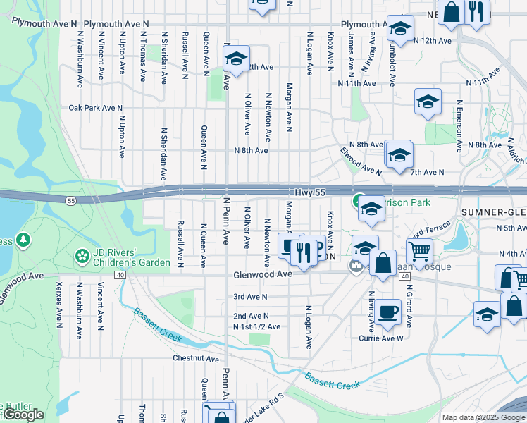 map of restaurants, bars, coffee shops, grocery stores, and more near 521 North Newton Avenue in Minneapolis