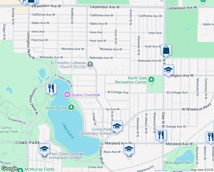 map of restaurants, bars, coffee shops, grocery stores, and more near 1404 Avon Street North in Saint Paul