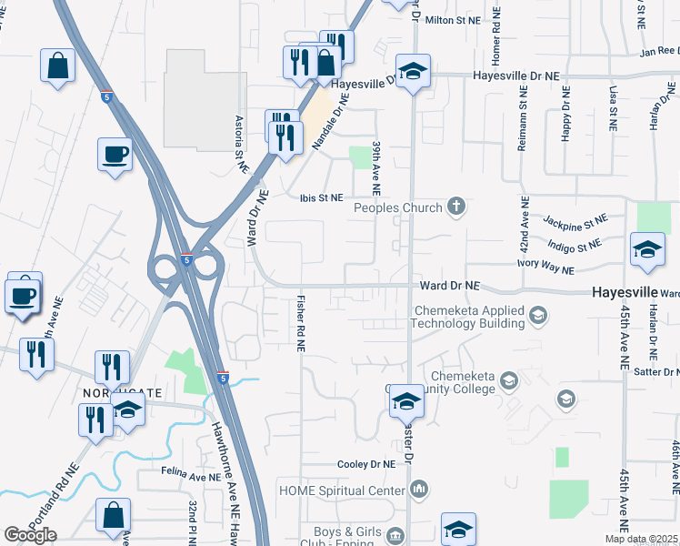 map of restaurants, bars, coffee shops, grocery stores, and more near 4407 Gladys Street Northeast in Salem