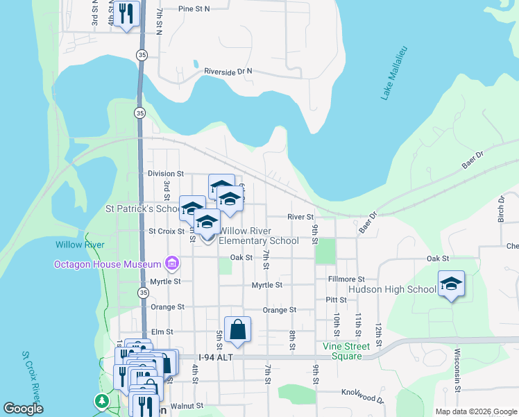 map of restaurants, bars, coffee shops, grocery stores, and more near 1308 7th Street in Hudson