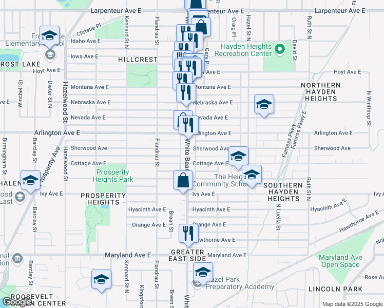 map of restaurants, bars, coffee shops, grocery stores, and more near 1395 White Bear Avenue in Saint Paul