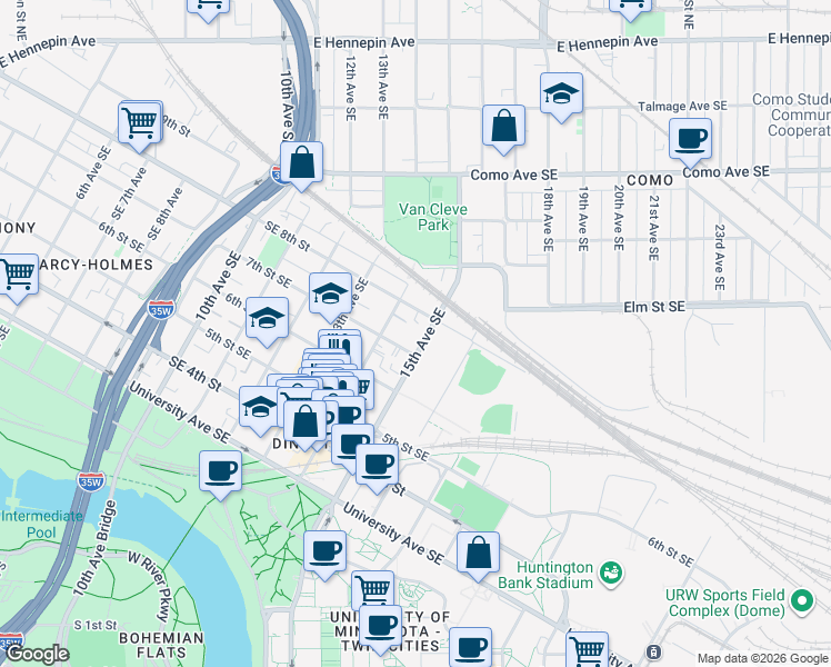 map of restaurants, bars, coffee shops, grocery stores, and more near 704 14th Avenue Southeast in Minneapolis