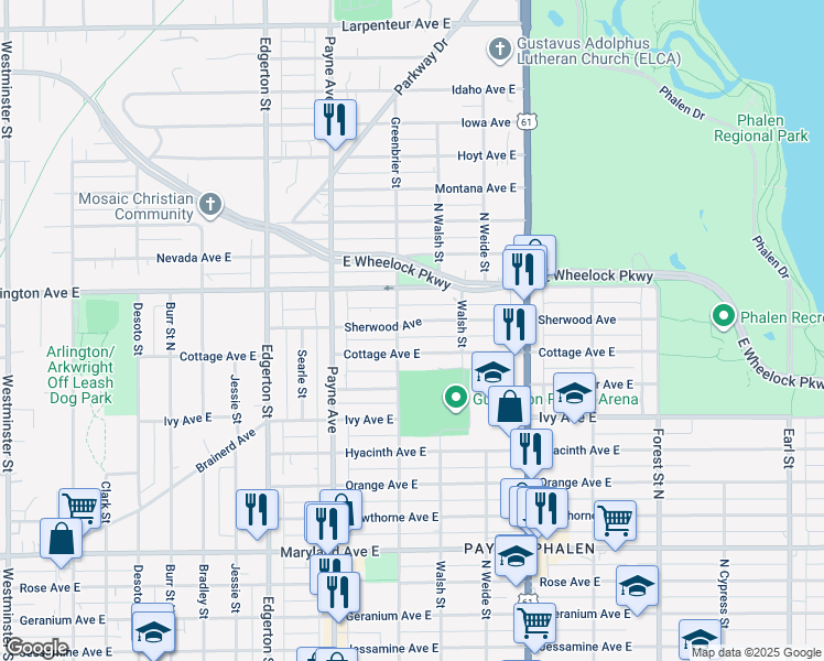 map of restaurants, bars, coffee shops, grocery stores, and more near 712 Sherwood Avenue in Saint Paul
