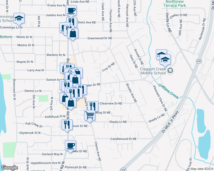 map of restaurants, bars, coffee shops, grocery stores, and more near 1210 Alder Drive Northeast in Keizer