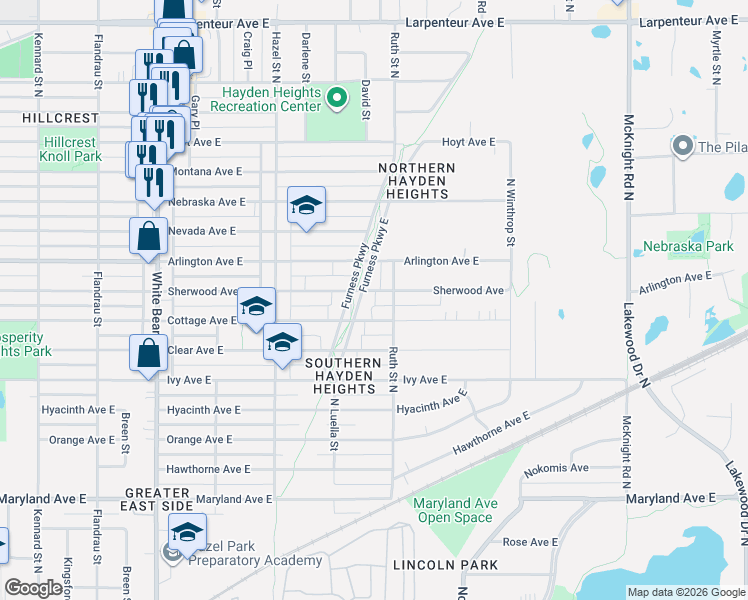 map of restaurants, bars, coffee shops, grocery stores, and more near 1406 Furness Parkway in Saint Paul
