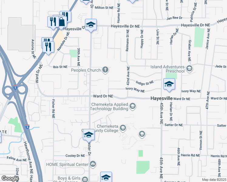 map of restaurants, bars, coffee shops, grocery stores, and more near 4110 Ivory Way Northeast in Salem