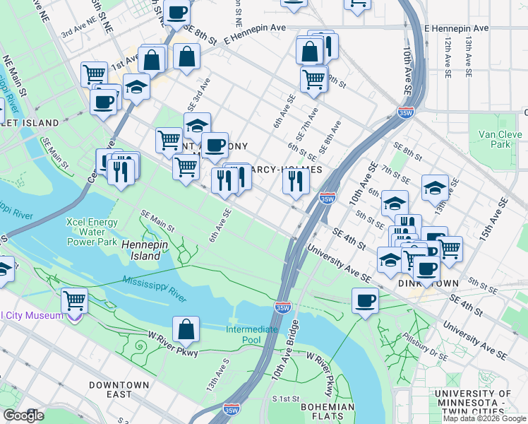 map of restaurants, bars, coffee shops, grocery stores, and more near 701 University Avenue Southeast in Minneapolis