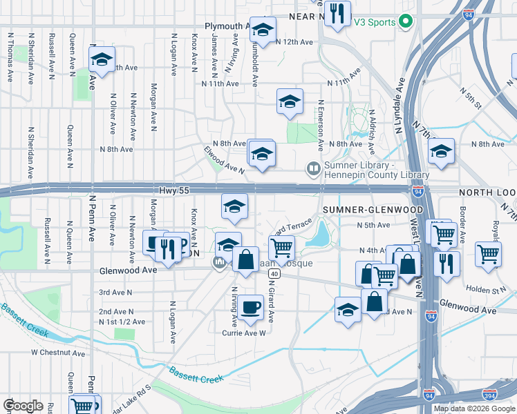 map of restaurants, bars, coffee shops, grocery stores, and more near 560 North Humboldt Avenue in Minneapolis