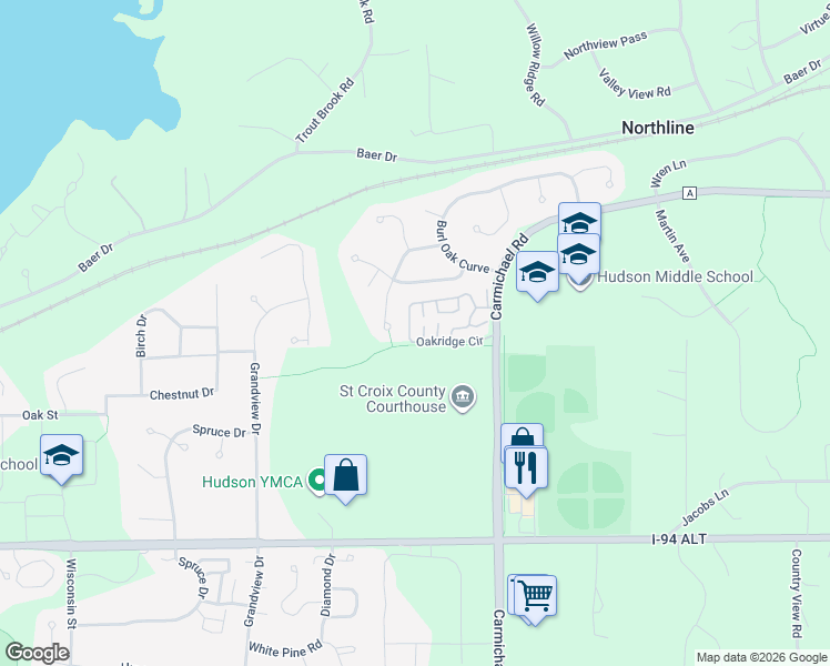 map of restaurants, bars, coffee shops, grocery stores, and more near 2332 Oakridge Circle in Hudson