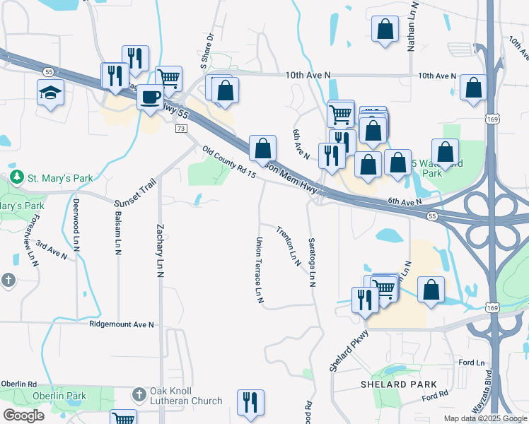 map of restaurants, bars, coffee shops, grocery stores, and more near 404 Union Terrace Lane North in Minneapolis