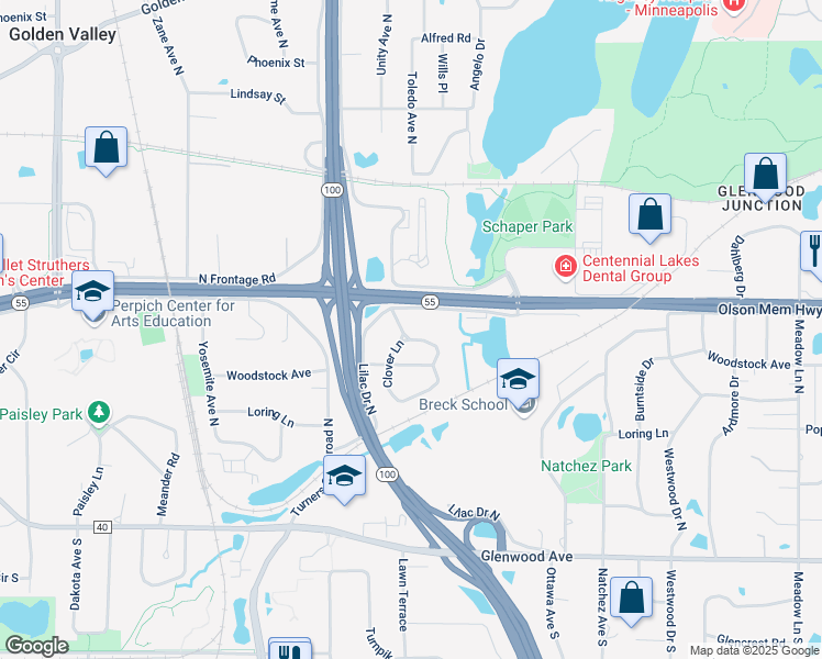 map of restaurants, bars, coffee shops, grocery stores, and more near 548 Cloverleaf Drive in Minneapolis